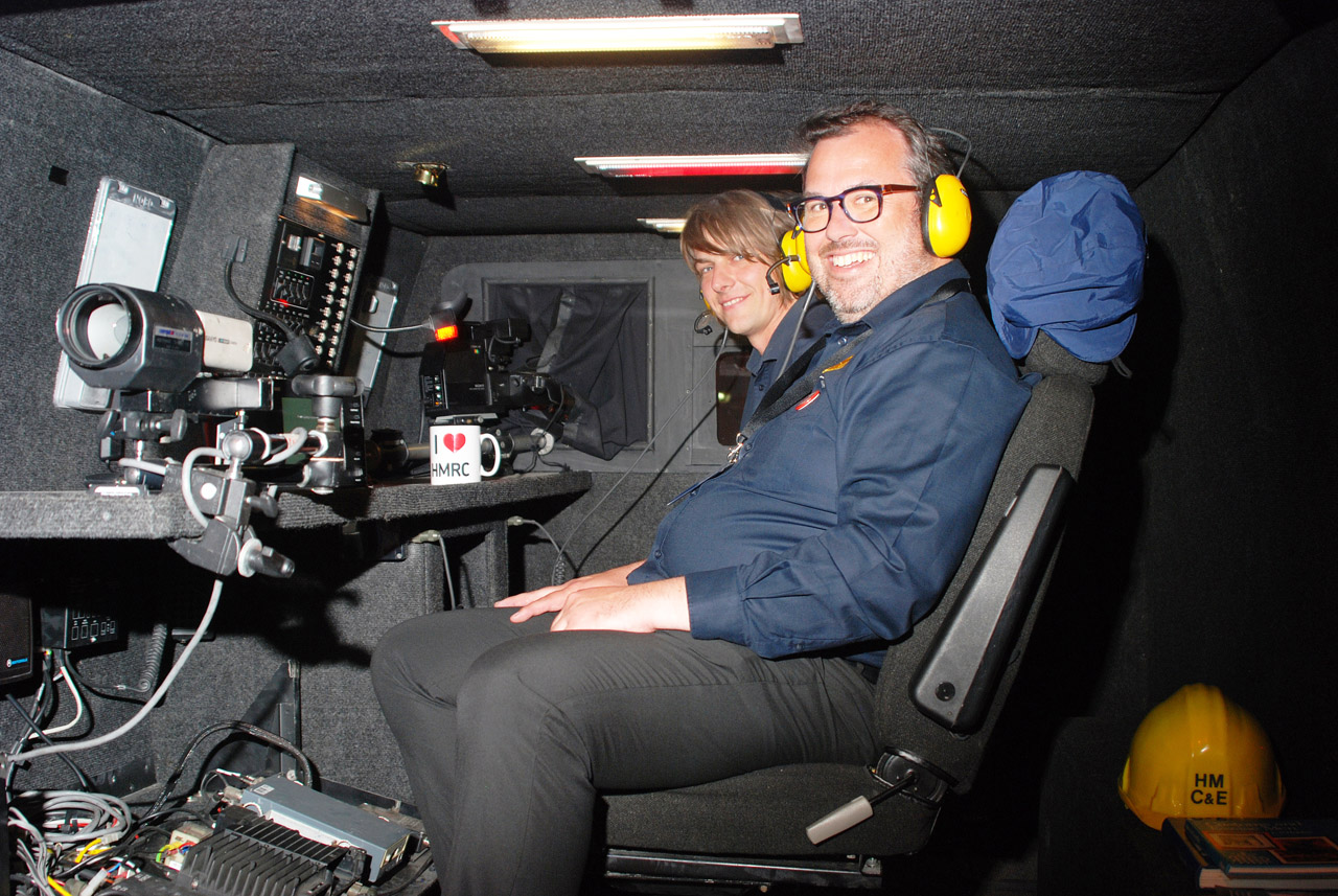 James Davis, the spy van restoration man who is auctioning this Transit van on behalf of Alzheimer's Society, with Maun Motors' Andrew Kennedy